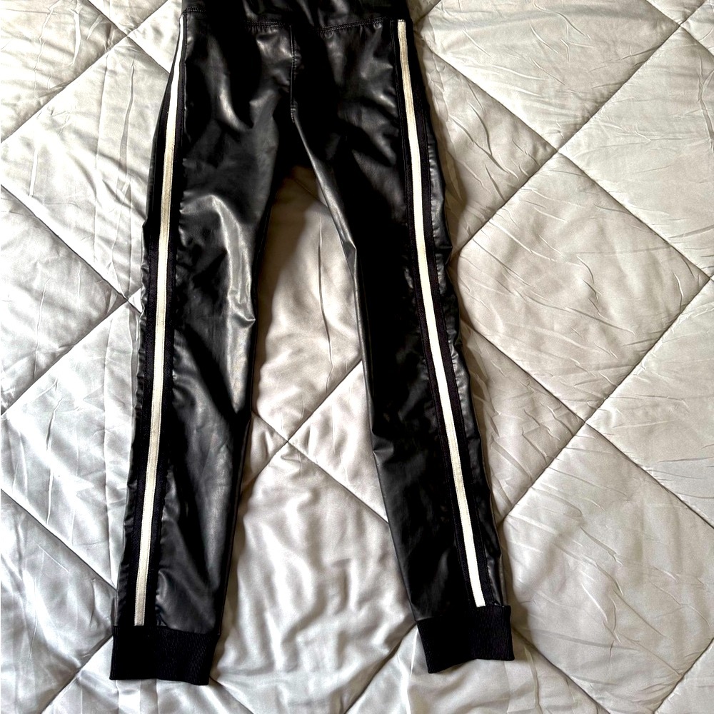 Black Faux Leather Leggings with White Stripes